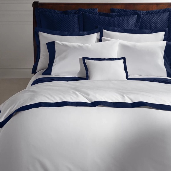 Ralph Lauren RL624 Organic Cotton Sateen Border FULL/QUEEN Duvet Cover Polo Navy - Picture 1 of 6